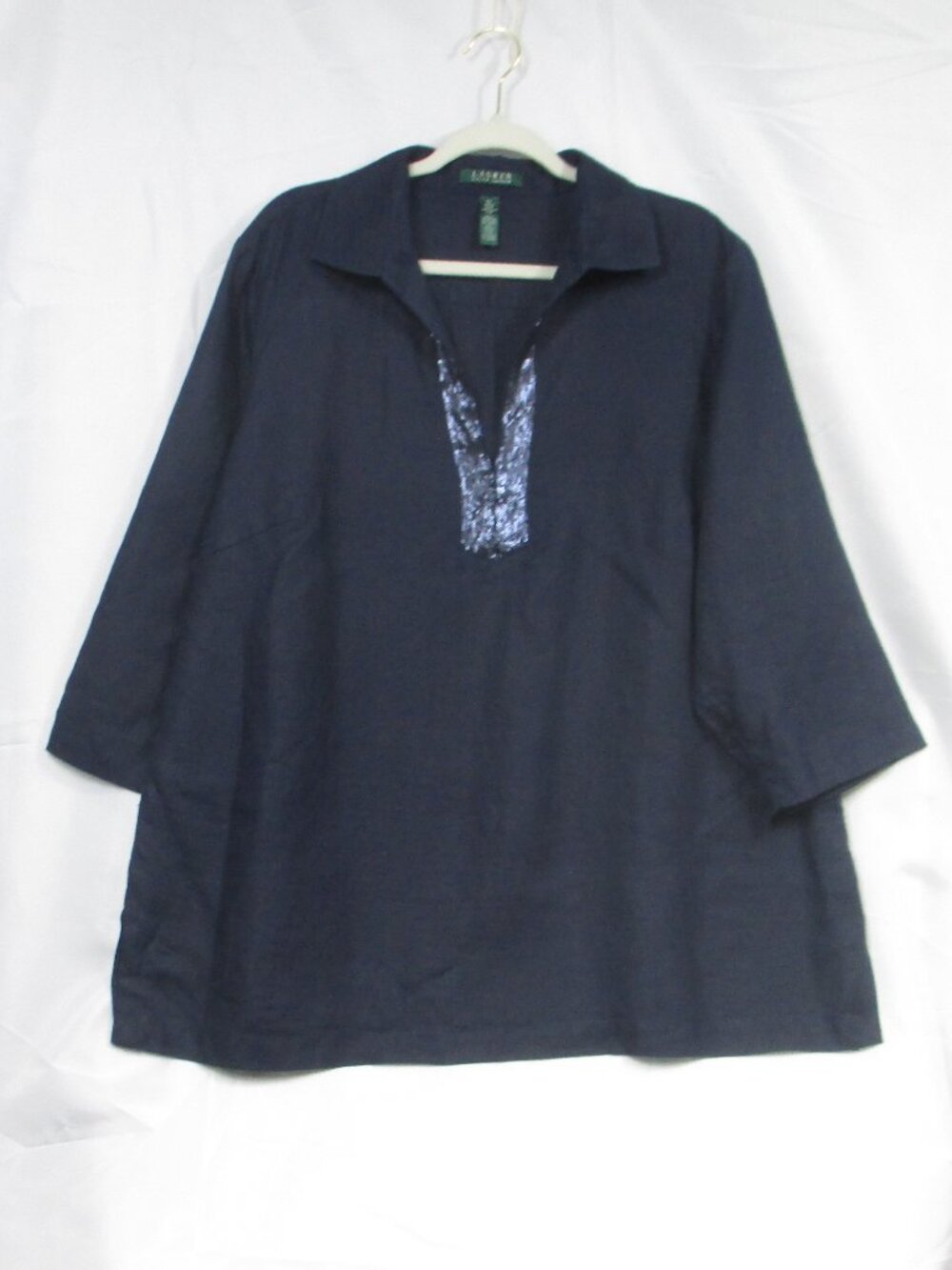 Lauren Ralph Lauren Navy Blue Popover Sequin V-Neck Linen Top Size 2X NWOT